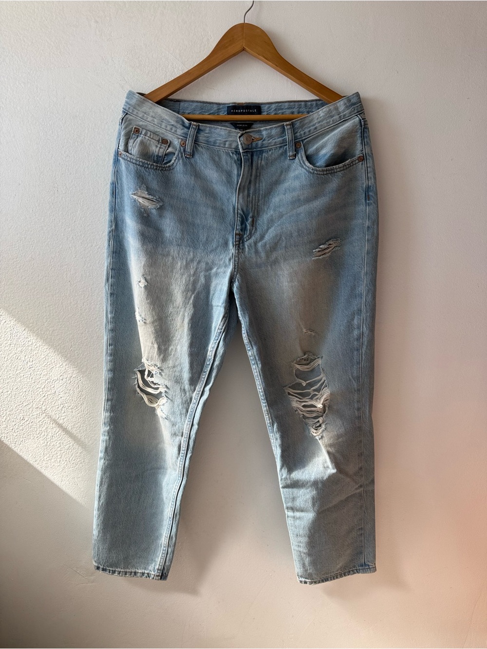 Aeropostale distressed mom jeans light wash